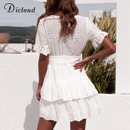 Fashion-White Embroidery Cotton Dresses Summer Women Short Sleeve Casual Beach Sundress Sexy V Neck Hollow Out Mini Dress