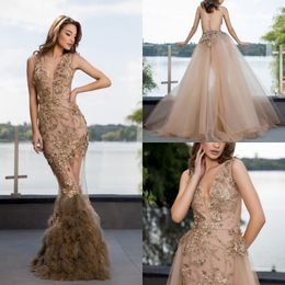 Cristallini Prom Dresses Sexy Deep V Neck Lace Appliques Beads Feather Mermaid Evening Gowns Detachable Train Special Ocn Dress