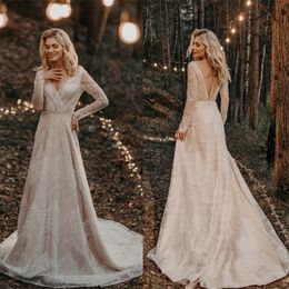 long sleeves wedding dresses vneck lace sequins appliqued lace wedding gown aline custom made sexy illusion back long bridal dress