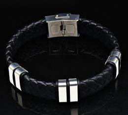 Black woven leather bracelet stainless steel charm bracelet unisex WY605