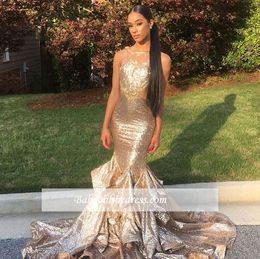 Bling Bling Champagne 2019 Mermaid Prom Dresses Sheer Neck Tiered Ruffles Backless Sequined Formal Prom Party Gowns vestidos de fies