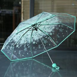 50pcs / lot Transparente Handle claro guarda-chuva Windproof 3 Fold Umbrella Cherry Blossom Mushroom Apollo Sakura mulheres de guarda-chuva da menina