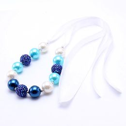 Fashion Ribbon Kid Chunky Necklace DIY Blue Colour Bubblegum Bead Chunky Necklace Children Jewellery For Toddler Girls