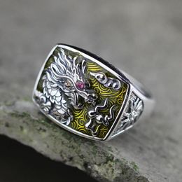 Real Pure 925 Sterling Silver Dragon Rings For Men And Women Cz Stone Setting Vintage Hollow Design Enameling Process