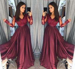 Burgundy V-Neck Long Illusion Sleeve Prom Dresses Lace Satin Sequins Ruched Evening Gowns Backless Girls Party Wear