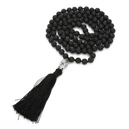 Boho Lava Rock Long tassel Necklace Diffuser Essential Oil Black Natural stone Buddha beads sweater Chain For women Fashion Jewelry in Bulk