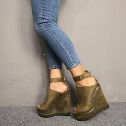 Olomm New Women Platform Sandals Wedges High Heels Sandals Open Toe Gorgeous Army Green Casual Shoes Women US Plus Size 5-15