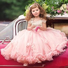 Adorable Blush Pink Flower Girl Dresses Princess Cap Sleeves Appliques Pleats Ruffles Long Kids Formal Party Pageant Dresses