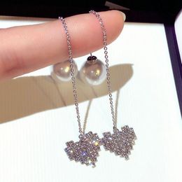 New Hot Ins Fashion Designer Super Glittering Diamonds Cute Heart Pearl Pendant Long Dangle Stud Earrings for Woman Girls
