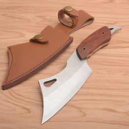 High Quality New Fixed Blade Kitchen Knife 440C Satin Blade Full Tang Wood Handle Outdoor Camping Hiking Straight Knives With Leather Sheath