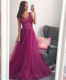 Purple Crystals Tulle Evening Dress V Neck A Line Floor Length Long Elegant Formal Dresses 2019 New Women Occasion Gowns