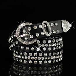 Female woman black leather belt with Diamonds zircon crystal new trendy fashion luxury designer 110 cm 3.6ft