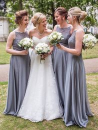 free shipping Grey Lace Beads Satin Chiffon Bridesmaid Dresses Long Maid of Honour Dress for Wedding Party