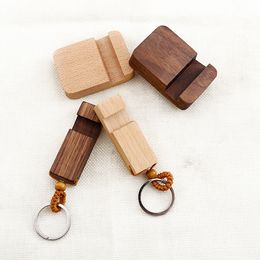 best phone holder UK - Wood Keychain Phone Holder Rectangle Wooden Key Ring Cell Phone Stand Base Best Gift Key Chain 2 styles Party FavorT2C5133