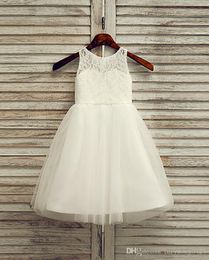 Simple Wedding Gowns Flower Girl Dress Ankle-length White Lace and Tulle A-line Sleeveless Dress White Flower Girl Dresses for Wedding