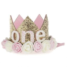 Birthday Girl Party Flower Hats Pink Princess Crown 1st 2nd Year Old Number Baby Kids Hair Accessory Birthday Party Decors