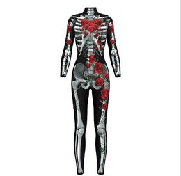 2019 Floral Mechanical Bone Costume Scary Halloween Costumes For Women Rose Skeleton Skull Plus Size Jumpsuit