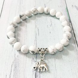 MG0467 8 mm Howlite Negative Energy Protection Wrist Mala Bracelet Elephant Charm Chakra Bracelet Energetic Field Jewelry