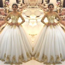-Elegante Sheer mangas compridas Lace A linha de vestidos de noiva 2019 árabes organza ouro Applique Frisado tribunal treinar vestidos de noiva de casamento BC1704