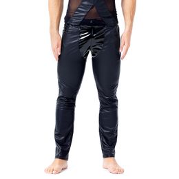 Sexy Gay Men Black Slim Fit Straight Trousers PU Leather Leggings Pants Wet Look Novelty Long Johns Tight Nightclub Male Leather Rock Pants