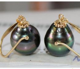 11-12mm Tahitian Peacock Green Pearl Earrings 14k Gold Accessories