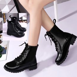 Hot Sale-Boots Women Fashion Solid Leather Middle Lace-Up Thick Boots Round Toe Shoes Outdoor PU Leather Winter Female Shoes T#