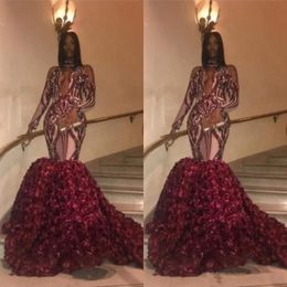 High Neck 2K19 Mermaid Prom Dresses Sexy Open Neck Appliques Rose Train Evening Gowns Zipper Back Long Sleeves African Party Dress