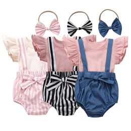 Summer Baby Clothing Sets Flying Sleeve T-shirt Tops + Bow Striped Suspender Short Pants + Headbands 3pcs/set Outfits Kids Clothes M1689