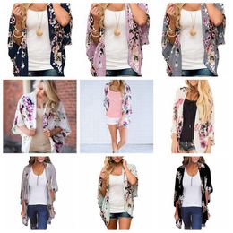 Women Floral Suntan Cardigan Coat Batwing Sleeve Blouse Cover Summer chiffon Beach Cape Bikini Cover-Ups Loose Kimono Beachwear LJJA2479-16