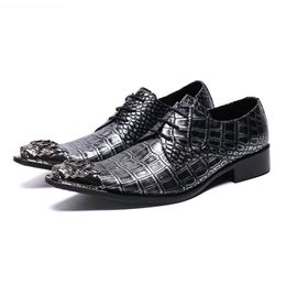 Silver Alligator Skin Men Business Shoes Metal Pointed Toe Sapato Social Masculino Lace Up Genuine Leather Italian Men Oxfords