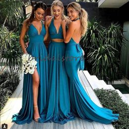 Teal Blue Bridesmaid Dresses Mix A Line V Neck Slits Wedding Guest Party Dresses Long Backless Formal Honour Maid Of Dress 2020 Country