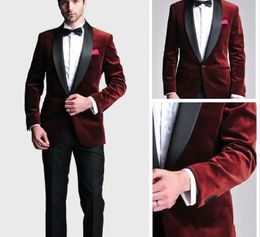 New Fashionable Groom Tuxedos Groomsmen One Button Dark Red Velvet Shawl Lapel Best Man Suit Wedding Men's Blazer Suits (Jacket+Pants+Tie) 1