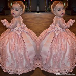 Peach Pink Lace Tulle Flower Girls Dresses Sheer Neck Sleeveless Bow Floor Length Princess Little Kids Wedding Birthday Party Dresses