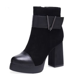 suede round toe black women winter boots genuine leather booties sheepskin shoes high heel fur ankle chunky luxury