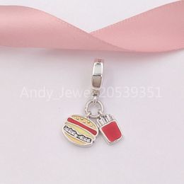 Andy Jewel Authentic 925 Sterling Silver Beads Burger & Fries Dangle Charm Red Golden & Yellow Enamel Charms Fits European Pandora Style Jewelry Bra