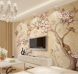Custom 3D Wallpaper Embossed Colourful Carved Flower Twig Flying Bird Living Room Bedroom Background Wall Decoration Wallpaper
