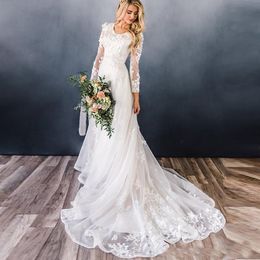 Real Image A Line Wedding Dresses with Applique Long Sleeves Button Back Country Bridal Wedding Gowns