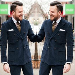 Navy Blue Corduroy Wedding Suits Double Breasted Peaked Lapel Tuxedos Formal Work Prom Office Business Blazer(Jacket+Pants)