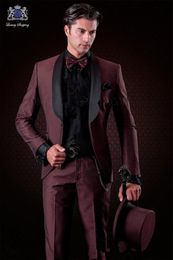 New Arrival One Button Burgundy Wedding Groom Tuxedos Shawl Lapel Groomsmen Men Suits Prom Blazer (Jacket+Pants+Vest+Tie) XZ29