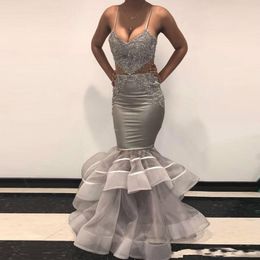 Gray Mermaid Spaghetti Strap Prom Dresses V Neck Appliques Sequin Tiered Ruffles Bottom Evening Wear Long Prom Party Gowns