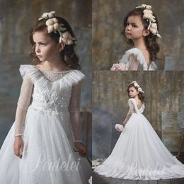 Ball Gown Flower Girls Dresses Long Sleeves Jewel Neck Appliques Beads Pearls Girls Sequins Pageant Dresses Sweep train Girls Party Gowns