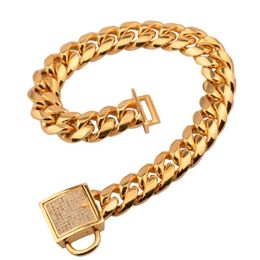 14MM Charm White Rhinestone Lock Buckle Cut Curb Cuban Link 316L Stainless Steel Gold Dog Chain Pet Collar Choker Necklac 12-34&qu260Q