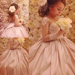 Princess Ball Gown Flower Girl Dresses With Big Bow Sheer Neck Long Sleeve Backless Appliqued Long Toddler Kids Dress Pageant Gown A29