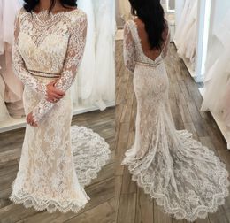 2020 Lace Mermaid Wedding Dresses Bateau Neck Long Sleeves Backless Trumpet Bridal Gowns Sweep Train Custom Made Country Beach Wedding Dress