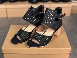 2021 Luxury high Heels Slides Sandals suede mid-heel designer Sexy with crystal Metal Buckle summer beach wedding shoes Size 35-43 NO11