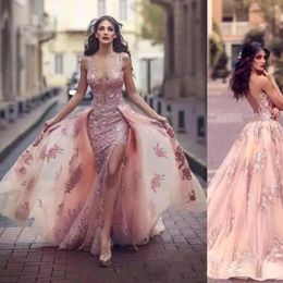 Elegant Long Arabic Mermaid Prom Dress With Detachable Skirt V Neck Lace Appliques Sexy Side Slit Backless Evening Formal Gowns