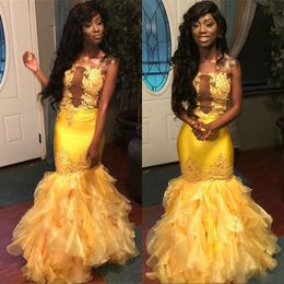 Yellow Mermaid Black Girl Lace Prom Dresses Strapless Neck Beaded Formal Dress Floor Length Appliqued Tiered Organza Evening Gowns