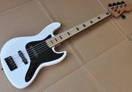 Factory Wholesale 5 Strings White Electric Bass Guitar with Active Circuit,White Pickguard,Maple Fretboard with Black Binding