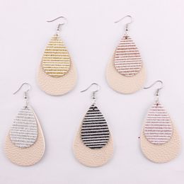 Fashion- Glitter Stripe Layered PU Leather Teardrop Earrings for Women Fashion Jewellery Leather Drop Earrings Wholesale