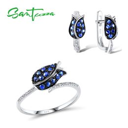 SANTUZZA Silver Jewelry Set For Woman Unique Delicate Blue Tulip Flower CZ Ring Earrings Set 925 Sterling Silver Fashion Jewelry CX200623